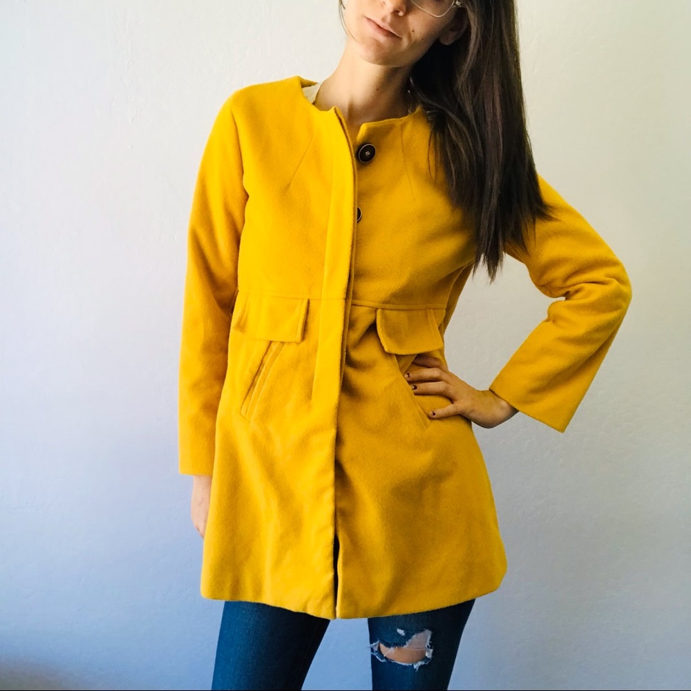WITCHERY Mustard Yellow Merino Wool Pea Coat Medium